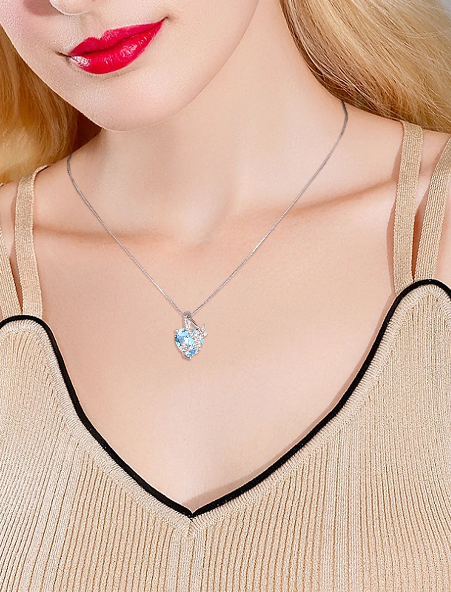 Infinite Heart Pendant Sterling Silver Butterfly Necklace for Women Jewelry Gift with Birthstone September Created Sapphire