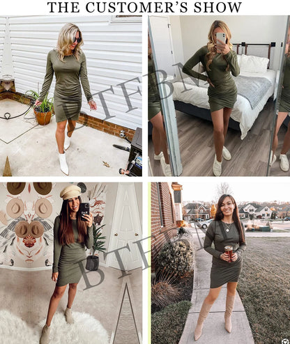 Women Fall Ruched Bodycon Long Sleeve Dress Wrap Front Elegant Casual Basic Fitted Short Dresses, 2XL Light Grey