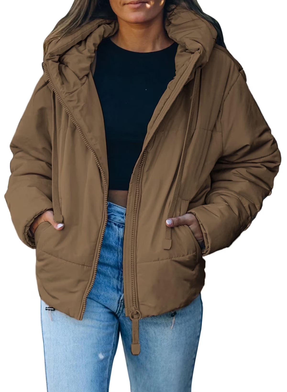 Women'S Hooded Puffer Jacket Winter Warm Full Zip up Oversized Short Quilted Coat with Pockets Petite